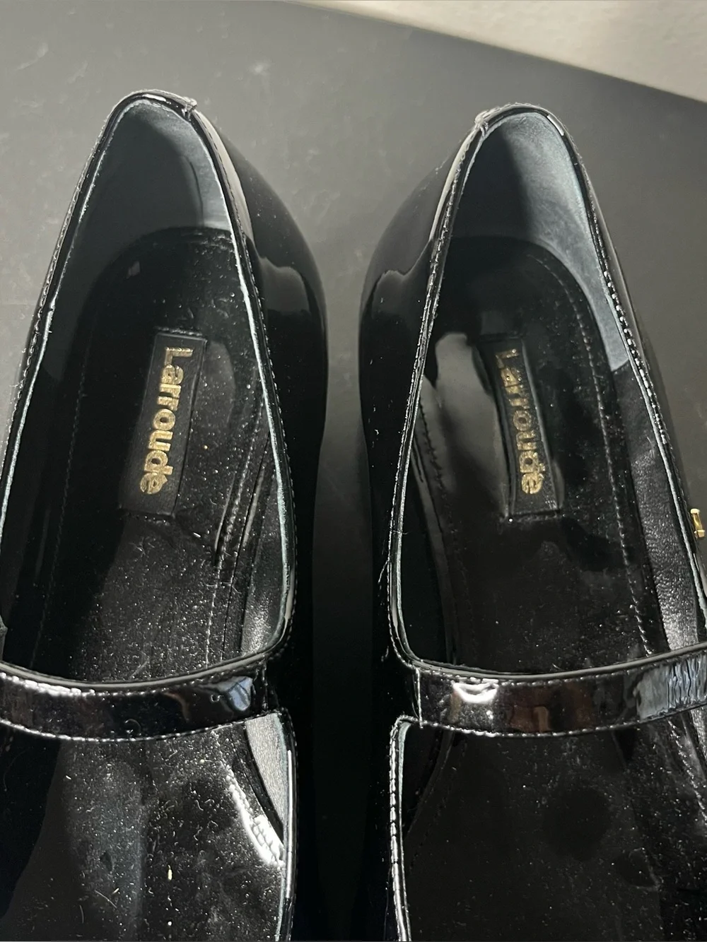 Larroude Blair Flatform Mary Jane’s Platform Wedge in Black Patent Leather